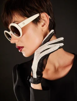 Shop Ines de la Fressange Paris Black leather and cotton gloves