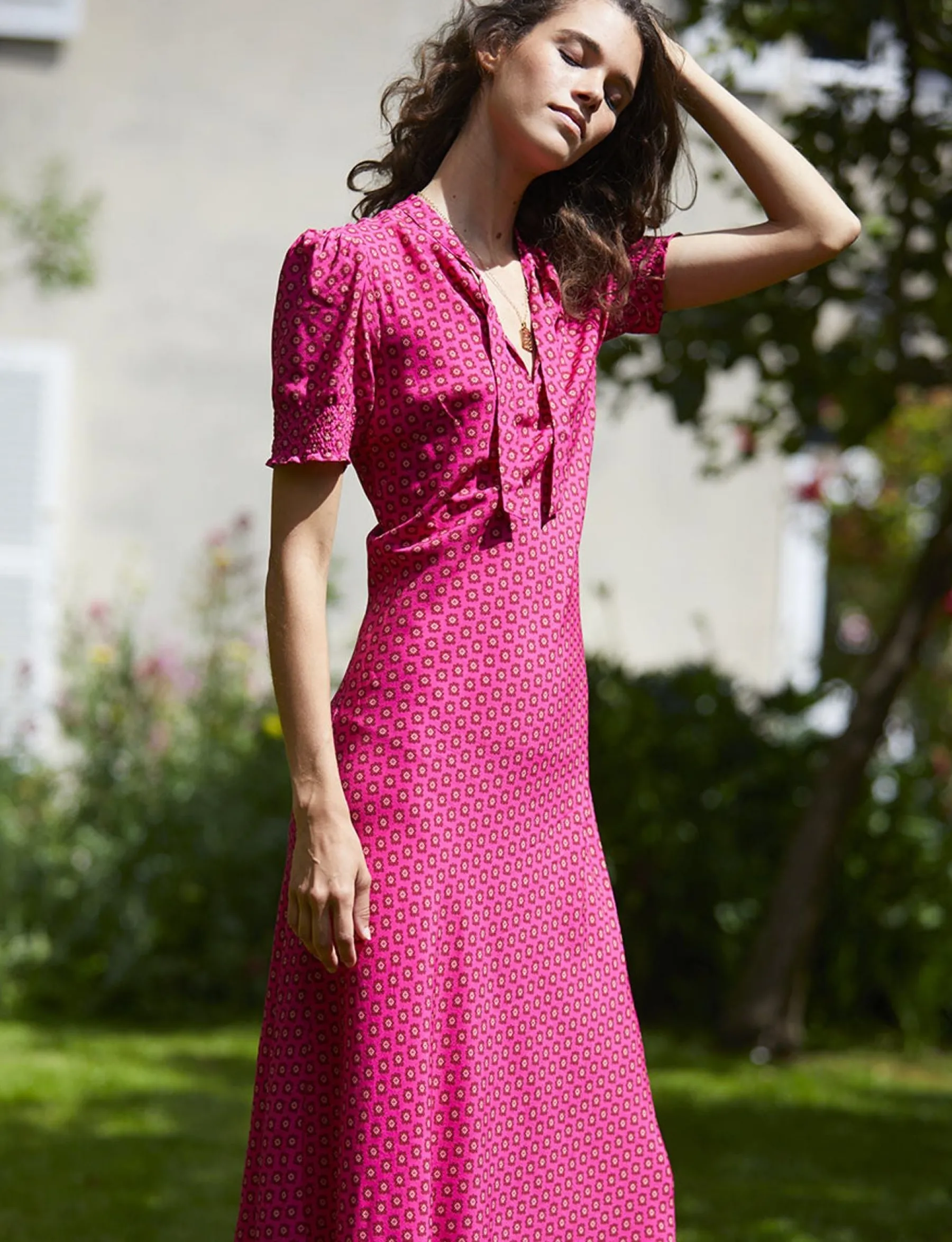 Clearance Ines de la Fressange Paris Cerise long pink print dress