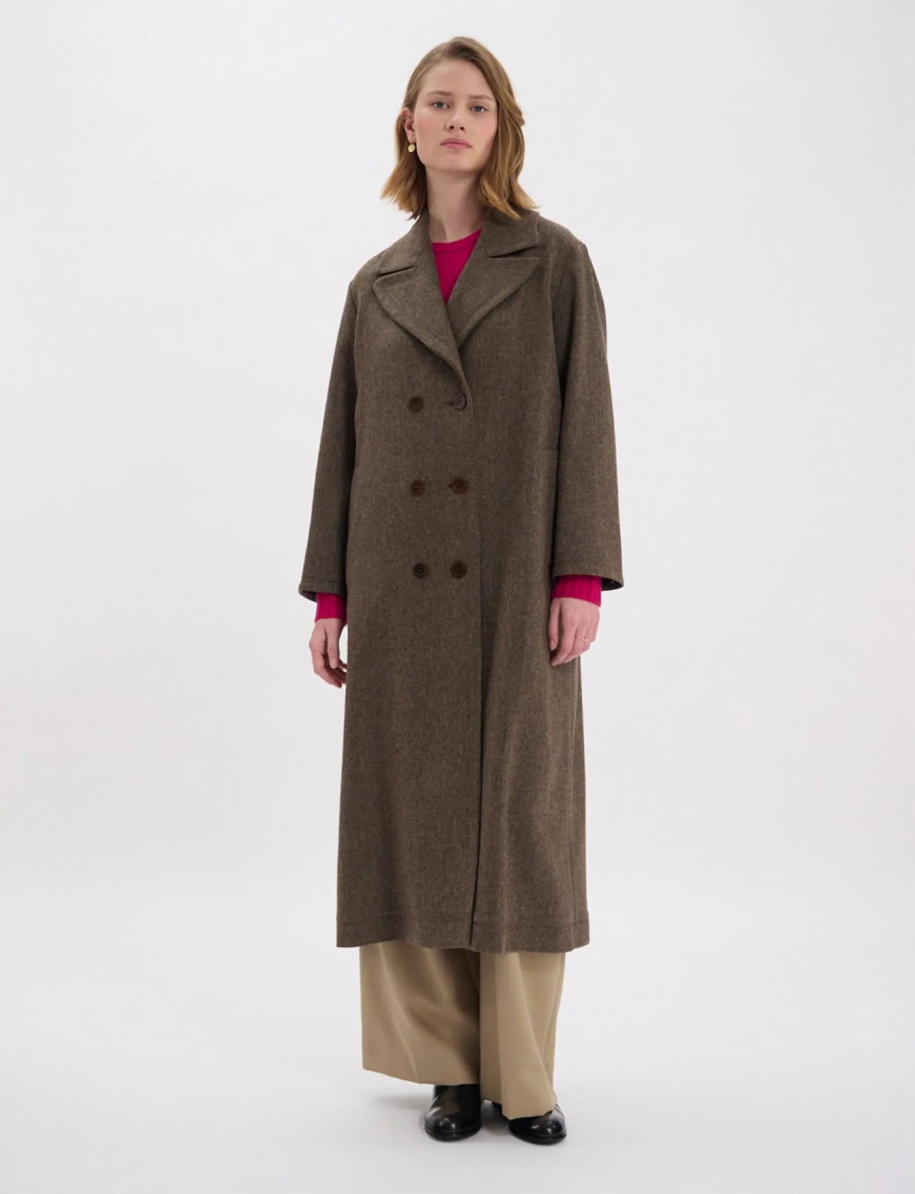 Cheap Ines de la Fressange Paris Denise brown wool herringbone coat