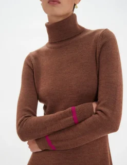 Best Ines de la Fressange Paris Divine brown turtleneck dress with fuchsia trim