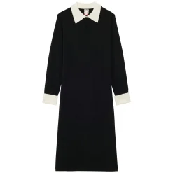 Outlet Ines de la Fressange Paris Gabby dress in black merino wool, white cuffs