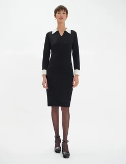 Outlet Ines de la Fressange Paris Gabby dress in black merino wool, white cuffs