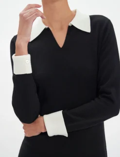 Outlet Ines de la Fressange Paris Gabby dress in black merino wool, white cuffs