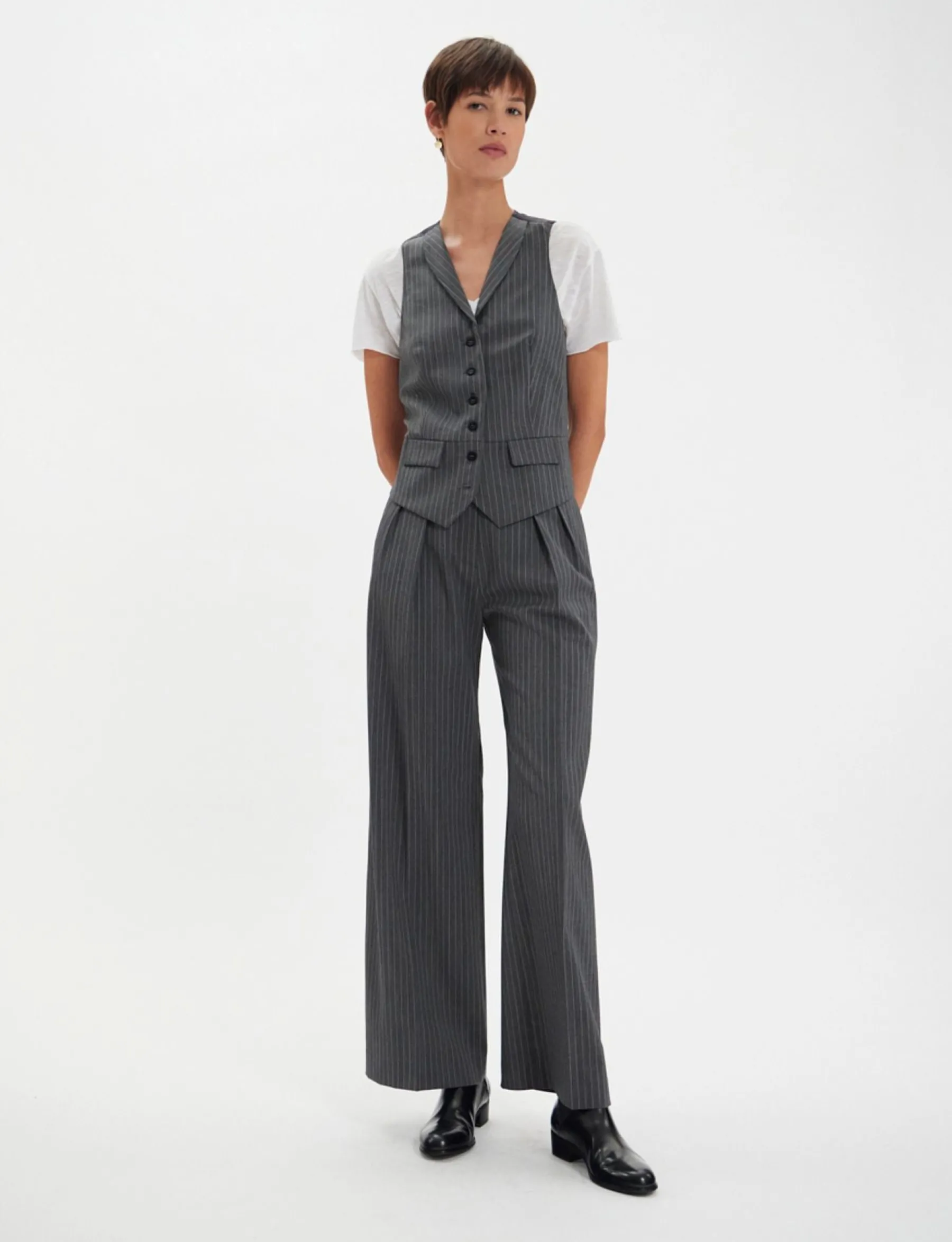 Outlet Ines de la Fressange Paris Grey Robinson waistcoat with white stripes