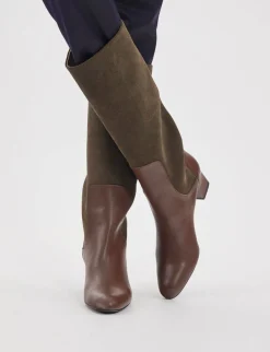 Cheap Ines de la Fressange Paris High heeled boots, green and chocolate leather