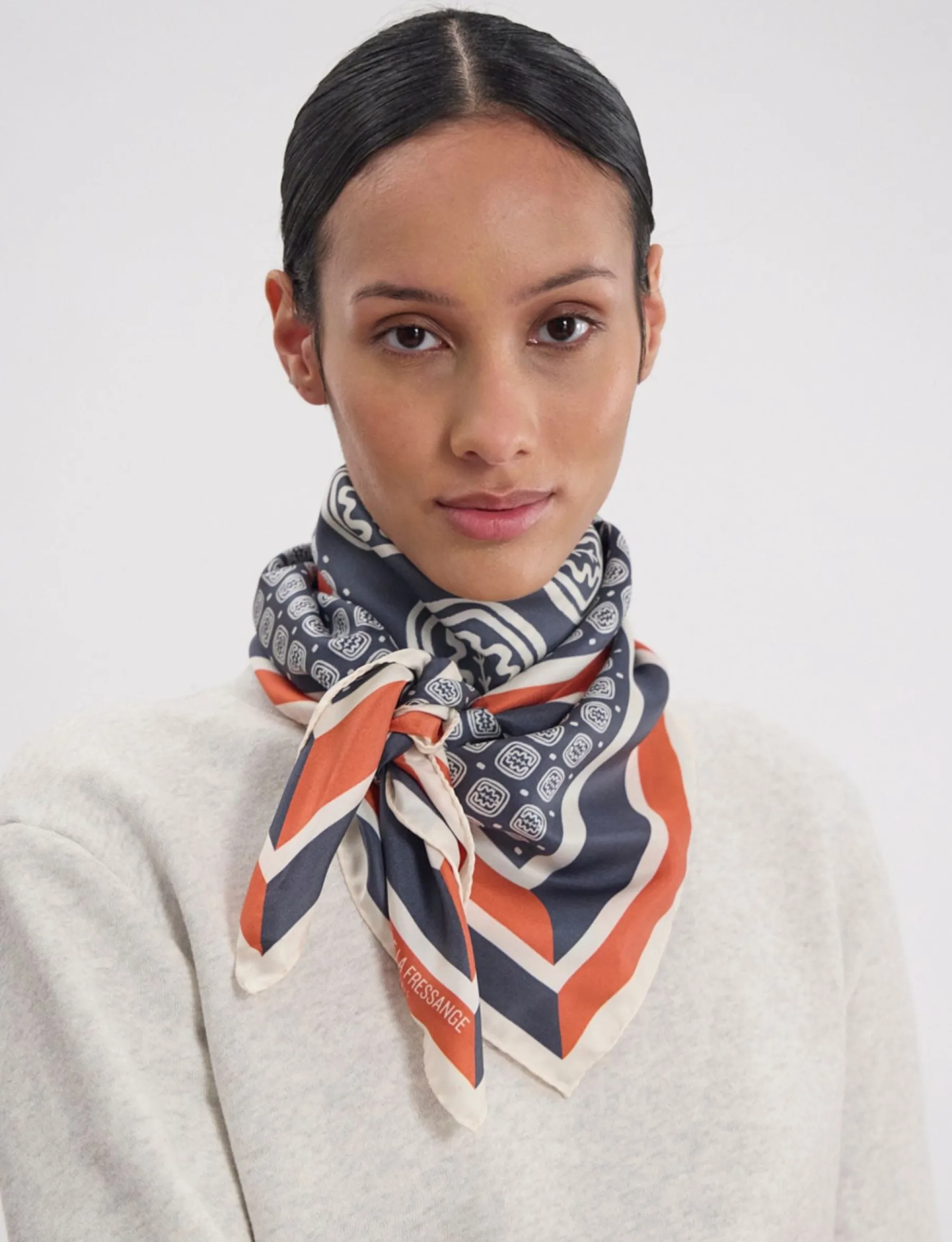 Clearance Ines de la Fressange Paris Lewis silk scarf, slate-blue and red oak leaf motif