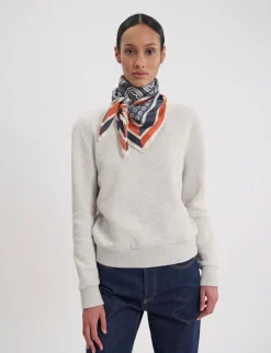 Clearance Ines de la Fressange Paris Lewis silk scarf, slate-blue and red oak leaf motif