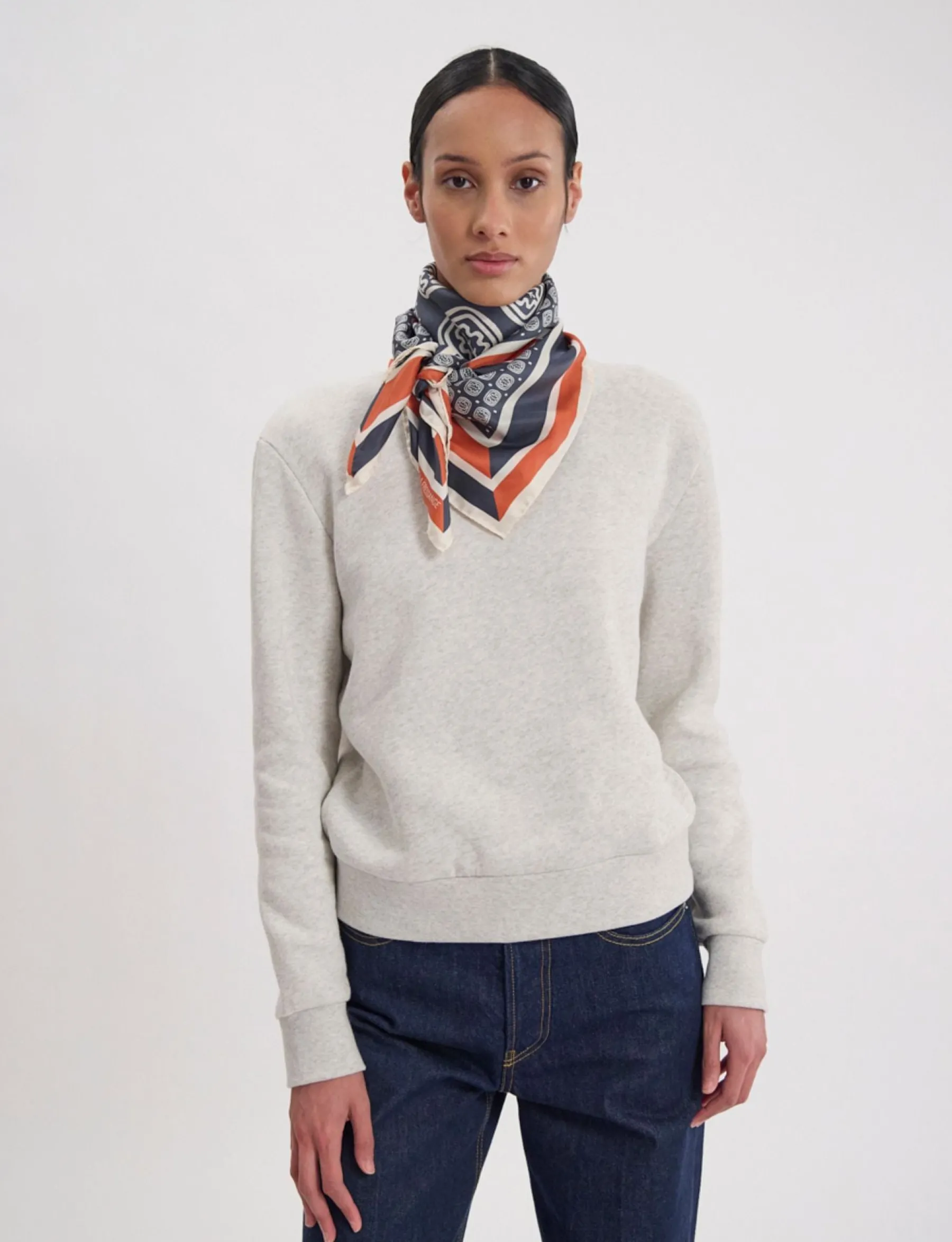 Clearance Ines de la Fressange Paris Lewis silk scarf, slate-blue and red oak leaf motif