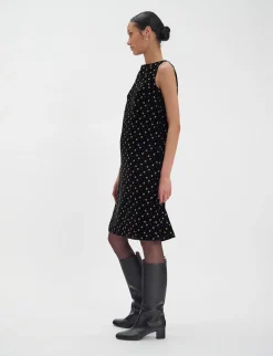 New Ines de la Fressange Paris Madeleine dress in smooth black velvet with gold print