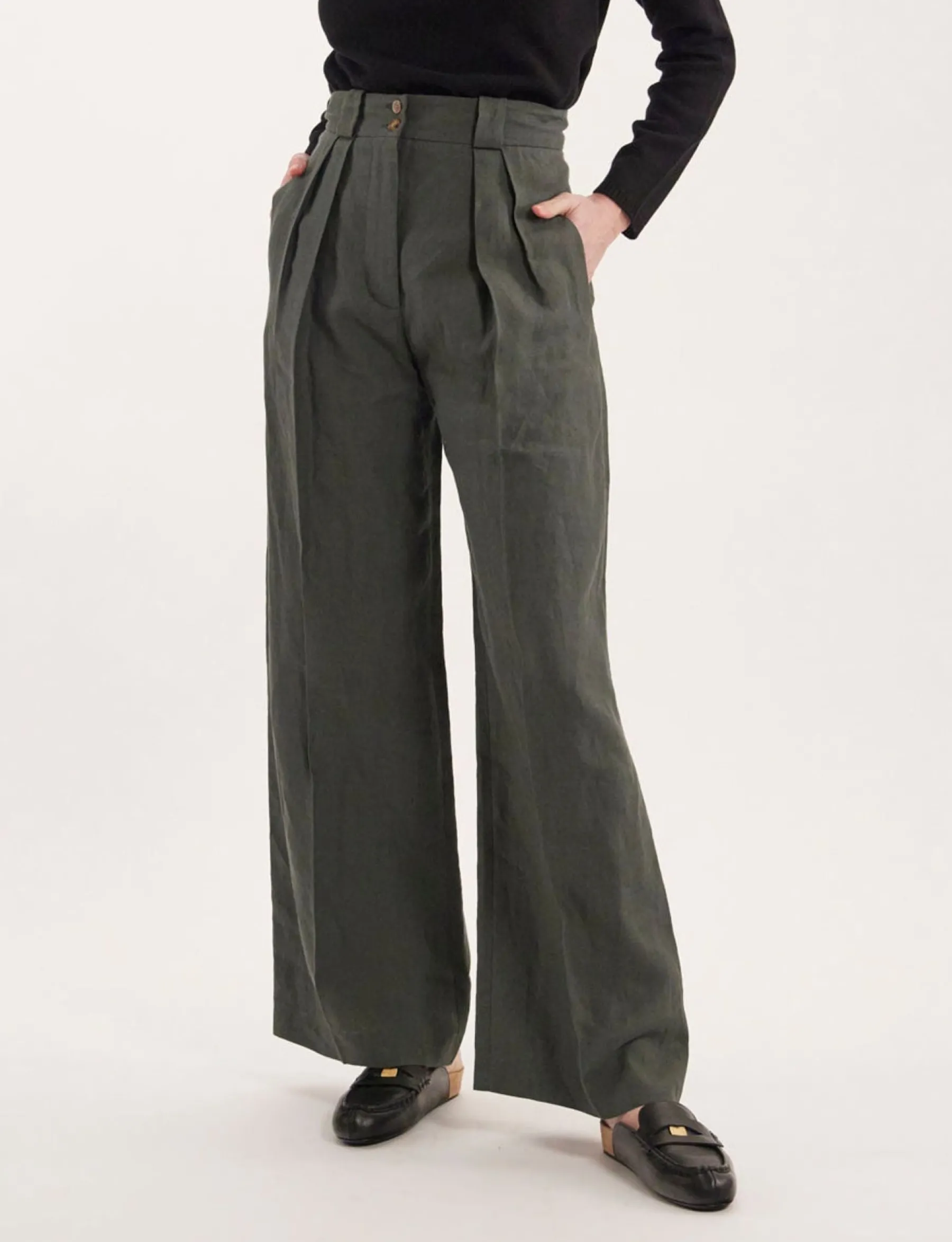 Online Ines de la Fressange Paris Marlène trousers in dark green linen