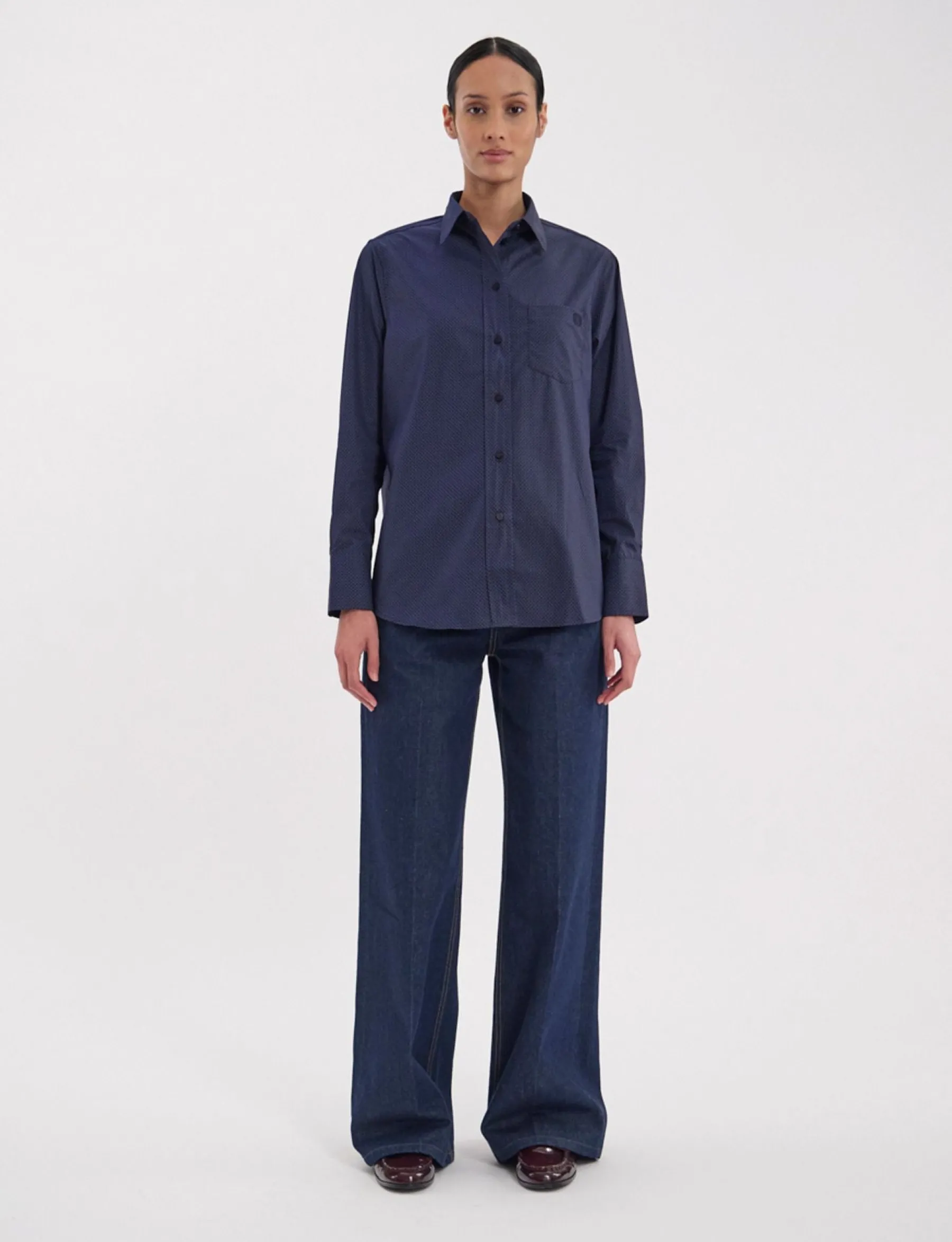 Sale Ines de la Fressange Paris Maureen navy cotton patterned shirt