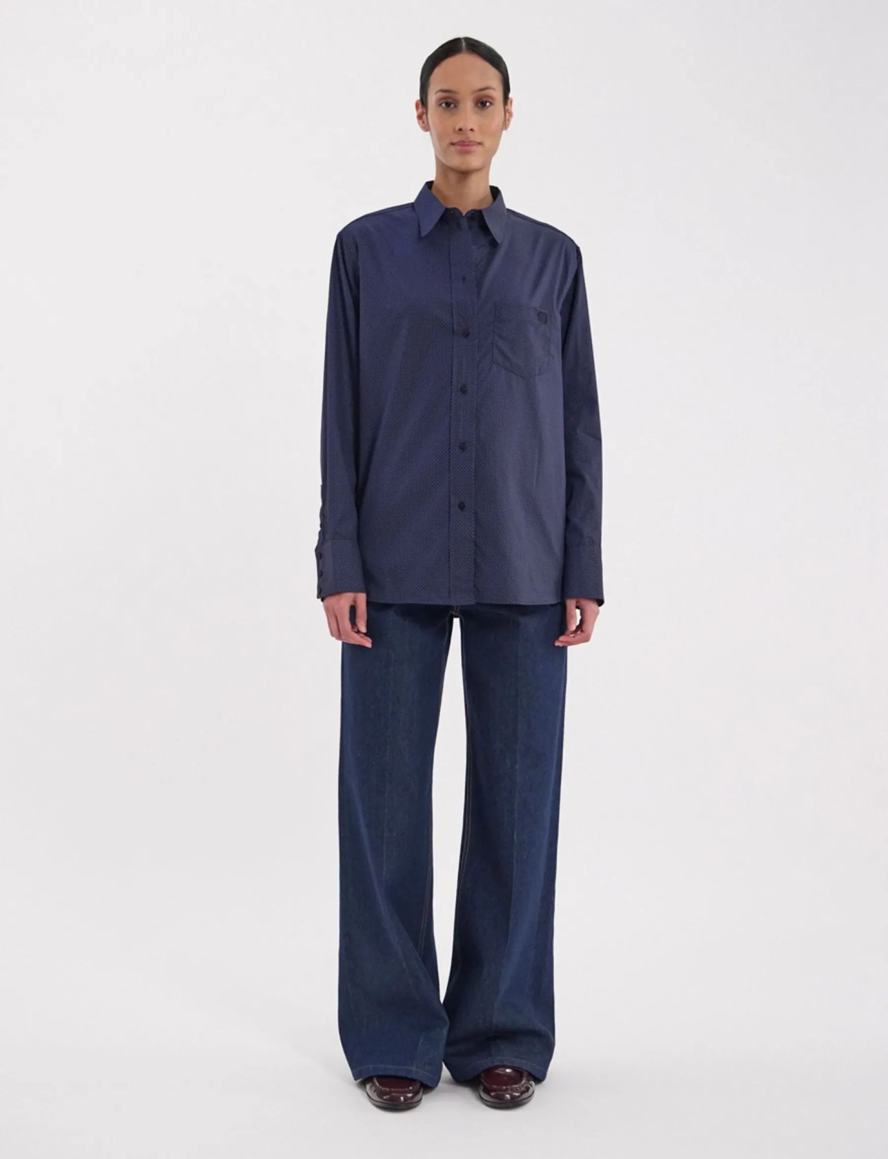 Sale Ines de la Fressange Paris Maureen navy cotton patterned shirt