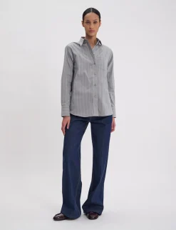 Clearance Ines de la Fressange Paris Maureen shirt in almond green cotton with beige stripes