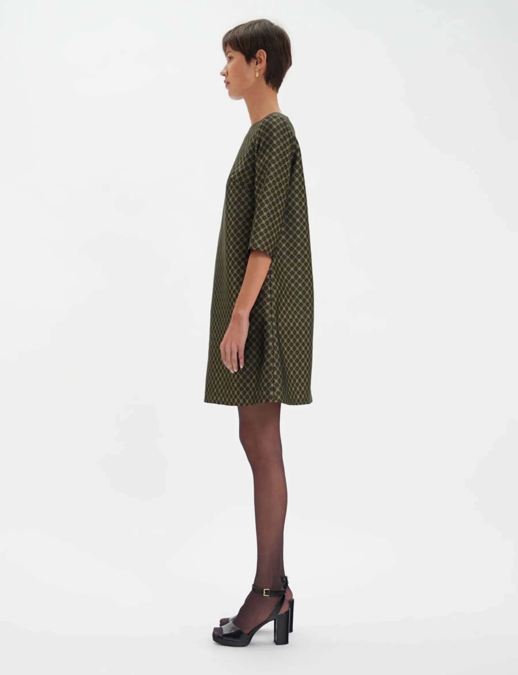 New Ines de la Fressange Paris Megan black and gold jacquard weave dress