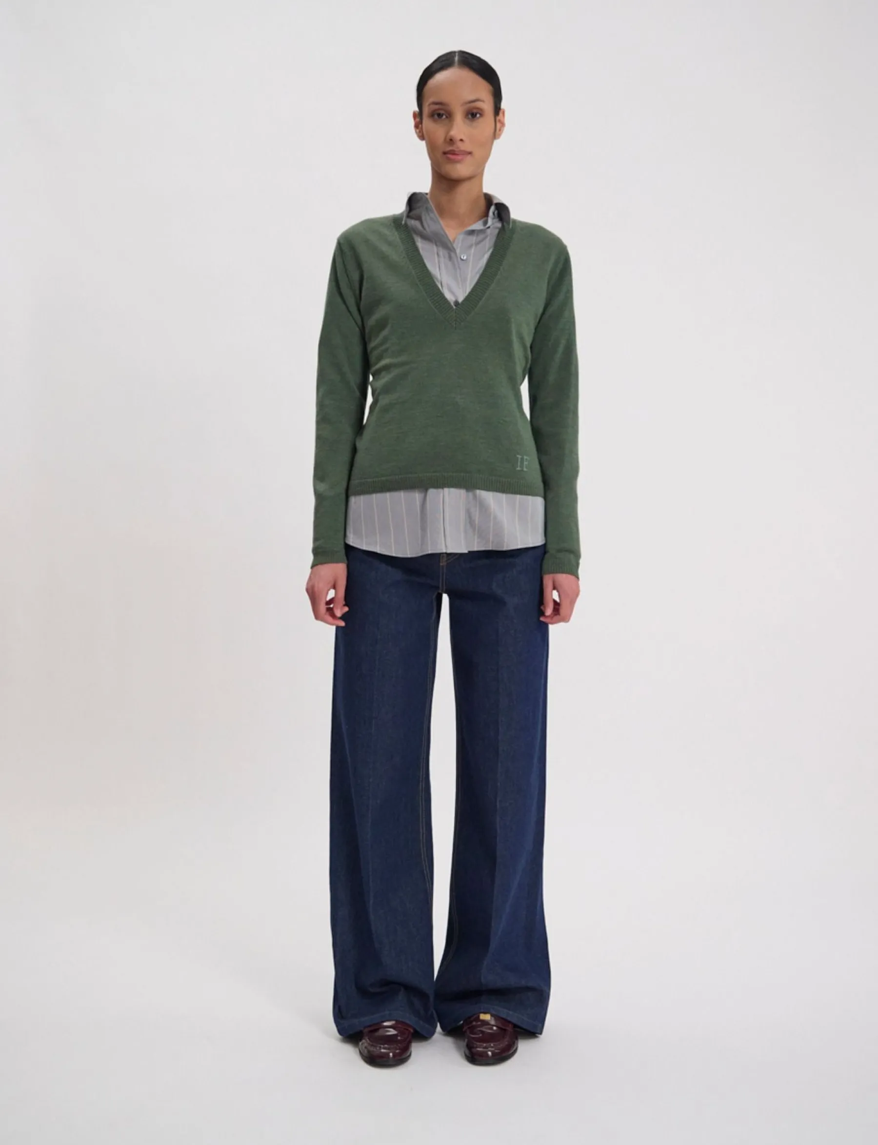 Fashion Ines de la Fressange Paris Morgana fine knit jumper, khaki