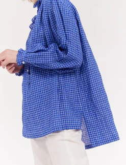 Shop Ines de la Fressange Paris Oversized Maryange shirt with ruffles in blue linen