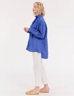 Shop Ines de la Fressange Paris Oversized Maryange shirt with ruffles in blue linen