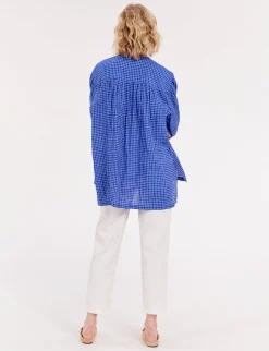 Shop Ines de la Fressange Paris Oversized Maryange shirt with ruffles in blue linen