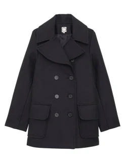 Shop Ines de la Fressange Paris Séraphine dark blue herringbone wool pea coat